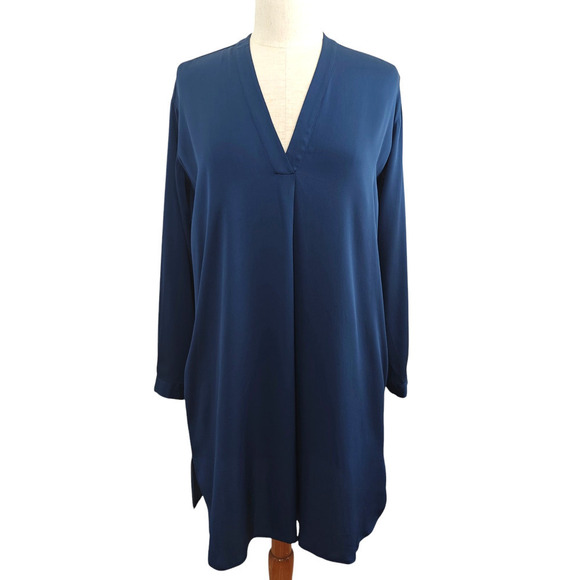 Vince Silk Tunic Shift Dress Size 2 Blue Stretch Pockets V-Neck L/S Minimalist - Picture 2 of 12